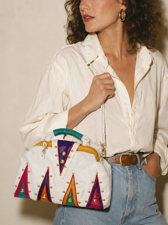 samir Handbags - NWT Vintage Samir Handbags White Leather Studded Colorblock Satchel USA